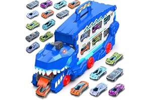 DIOJU Carrier Trucks Toys for Kids - 3 in 1 Transporter Trucks Cars - 73 Inches Race Track with 8 Metal Toys Cars - Dinosaur Toys Birthday for Kids Boys Age 3 4 5 6 7 8 Years Old