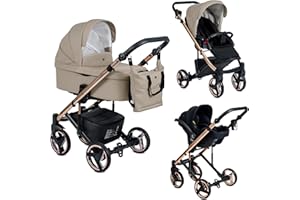 EMJOT Poussette Combinée Trio 3 en 1 Neri Edition Exclusive RoseGold "Smooth" – Latte - Landau, poussette promenade, siège auto "i-Size" Groupe 0+ - Livrée avec ses accessoires.