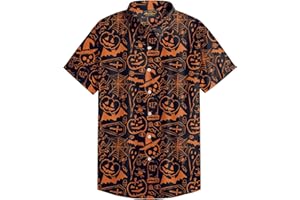 Mainfini Men Halloween Shirt Jack O’ Lantern Short Sleeve Button Up Shirt (S-3XL)