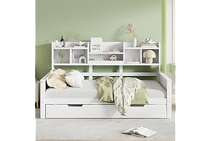 ‎JOVIFY Daybett Einzelbett 90x200 cm, Massivholz Tagesbett mit Ausziehbett & Staufach & Bücherregal, Kinderbett Holzbett Jugendbett Stauraumbett Funktionsbett, Bettgestell mit Lattenrost, Ohne Matratze, Weiß
