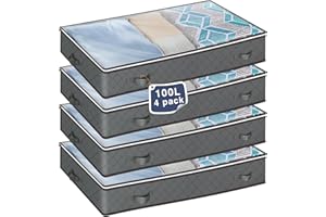 MIXC 4 Packs Underbed Storages, 100L Large Under Bed Storage Box with Lid, Storage Boxes with Lids, Storage Bags with Zip for Clothes, Comforters, Blankets, and Bedding