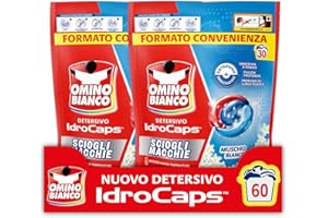 Omino Bianco Idrocaps - Detersivo Lavatrice in Capsule Sciogli Macchie, 60 Lavaggi, Efficace a Basse Temperature, Profumo Muschio Bianco, 30 Caps x 2 Confezioni