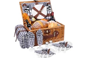 ‎HYBDAMAI HYBDAMAI Picknickkorb Set für 4 Person mit Kühlfach und wasserdichte Picknickdecke, Abnehmbarer Riemen, Weinbeutel, Besteck Set, für Camping, Strand, Wandern, BBQ und Familie/Paare Geschenke, Zubehör