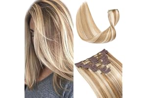 Elailite Clip in Hair Extensions Real Human Hair - 100% Remy Hair Straight 8 Pcs Thin Weft (#12/613 Golden Brown Mix Bleach Blonde, 10 Inch (50 g))