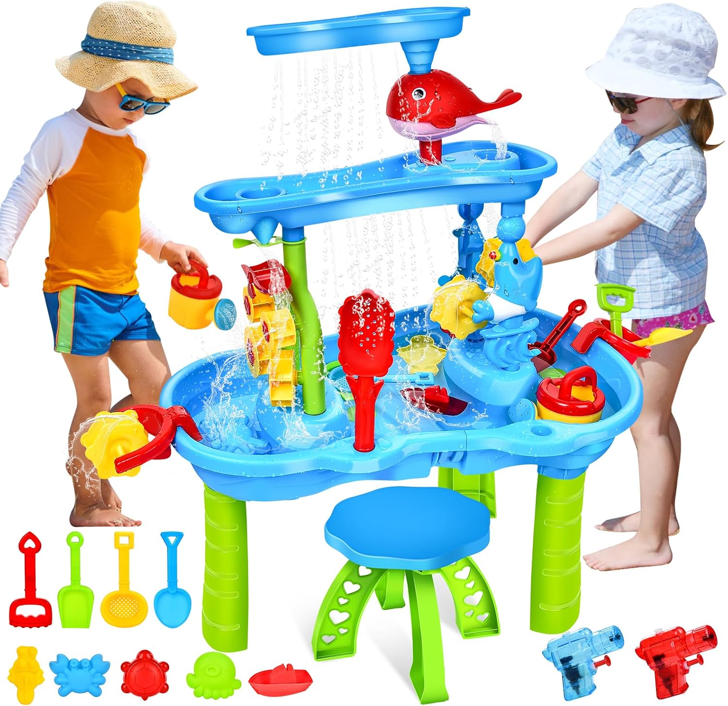 JONRRYIN Mesa de Juego de Agua y Arena, Mesa para Niños al Aire Libre con Juguetes Playa para Niños y Niñas (Azul)