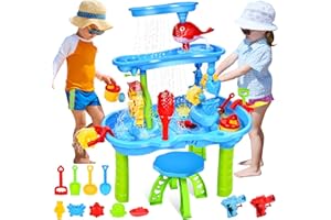 JONRRYIN Mesa de Juego de Agua y Arena, Mesa para Niños al Aire Libre con Juguetes Playa para Niños y Niñas