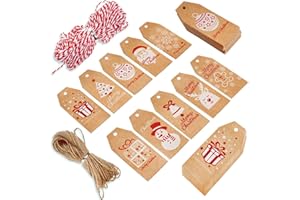 DERAYEE 100 Stück 10 Arten Weihnachten Geschenkanhänger Hängeetiketten mit 100 Fuß Farbschnur und 100 Fuß Naturjute (braun)