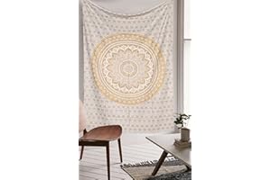 Bless International Indian Traditional Mandala Hippie Wall Hanging, Cotton Tapestry Ombre Bohemian Bedspread (Twin (54x72 Inches)(140x185 Cm), Golden Omra)