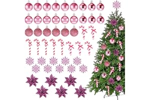 HARRYCLE 50 Decoraciones para Árbol de Navidad Bolas de Navidad Pequeñas Copos de Nieve con Purpurinas Artificiales Flores de Nochebuena Adornos Colgantes de Bastones de Caramelo Topper de Árbol (Rosa)