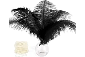 BETESSIN Piume di Struzzo Decorative Lunghe 30-35cm Ghirlanda di Perle Finte Fili Bianco Piume di Struzzo per Decorazione Matrimonio Nozze Festa Addio al Nubilato Notte Carnevale Halloween Nero