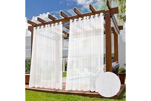 HolidayIdeas 2 Panels White Outdoor Sheer Curtains for Patio Waterproof 110x95 Inch-Extra Wide Voile Outside Curtains Light Filtering Grommet Drapes for Gazebo, Front Porch, Exterior Patio, Pool