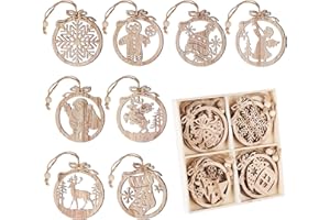 ANSTORE Christmas Wood Ornaments 12Pcs, Round Wooden Slices Cutout, Snowflake Christmas Tree Snowman Shape Wooden Hanging Ornaments for Christmas Embellishments, DIY Crafts…