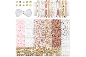 pekifaves Perlen für Armbänder set, 6mm Heishi Clay Perlen Set, Bunte Clay Beads zum Auffädeln Kit, für Schmuckherstellung, Freundschaftsarmband Selber Machen, Rosa Weiß Braun