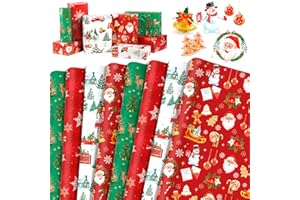 HOWAF 8 Hojas Papel Regalo Navidad Rojo Verde, Papel de Regalo Navidad Copos de Nieve, Papa Noel, Reno Embrulho Natal para Decoración Navideña, Cumpleaños, Año Nuevo