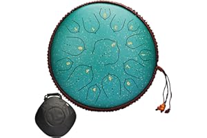 LUCFULYEAR Steel Tongue Drum à 14 Pouces 15 Tons - Tongue Drum D Key Percussion Steel Drum Kit avec sac de Transport baguettes et Protège-Doigts pour Yoga, Méditation, Guérison Sonore (Vert)