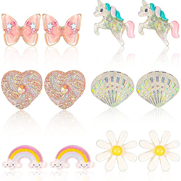 Lot De 12 Paires De Boucles D'oreilles Clips Filles - Motifs Sirène Et Océan - Bijoux Pour Enfant Non Percées