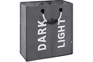 DOKEHOM 80L Large Collapsible Washing Laundry Basket Bag with 2 Sections for Bedroom, Fabric (Dark Grey)