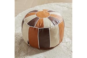 Louis Donné Unstuffed Pouf Ottoman Cover, Faux Leather Foot Stool for Foot Rest, Moroccan Style Pouffe Ottomans, 21" Round Handmade Small Bean Bag Covers for Storage, Footstools for Living Room
