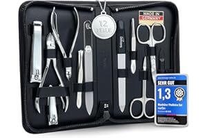 marQus set manicura y pedicura de 12 piezas en estuche de piel - Incluye tijeras, alicates, limas de uñas profesionales y mucho más