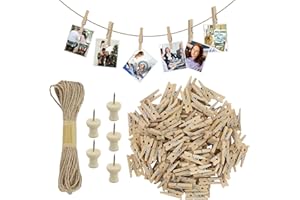 EASYKEENECOM 150PCS Mini Wooden Pegs, 2.5cm Natural Small Pegs for Hanging Photos, Wooden Pegs Craft with 10M Jute String for Photo Wall Display, Craft, Weddings & Party