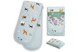 AH ARTISAN HOME Dog Oven Gloves | Thick Potholders Heat Resistant | Quilted Cotton & Silicone Non-Slip Design Pot Holders for Baking Cooking BBQ | Machine Washable Thick Gloves Oven Mitts Kitchen Accessories