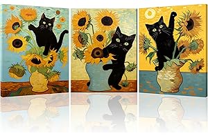 PIY PAINTING 3pcs Gatto nero e girasole Quadro Moderno Soggiorno Piante e animali Immagini Pittura Decorazione Canvas Quadretti Da Parete Stampe Su Tela Camera Da Letto Con Cornice 30×40cm