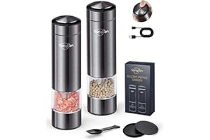 Sangcon Set macina sale e pepe elettrico ricaricabili via USB - Macinaspezie - Regolazione grossolana e fine - Funzionamento con una sola mano - Luce LED - Metallico gunmetal