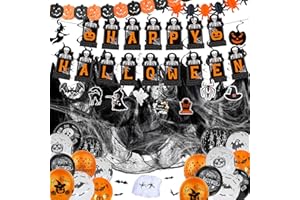 Ligtmor Halloween Deko Set - Grusel Girlande, Kürbisse und Spinnen Wimpelgirlande, Spinnennetz Dekoration, Latex Ballons - Innen Dekoration