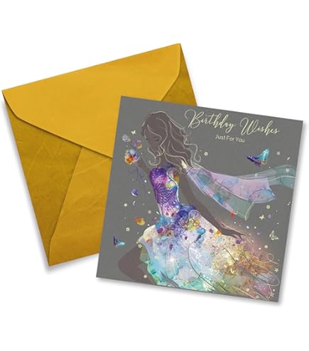 Cherry Orchard Granddaughter Birthday Card - To A Lovely Granddaugther On Your Birthday - Artistic Lady In Gorgeous Blue Floral Dress - Flitter & Gold - View #4