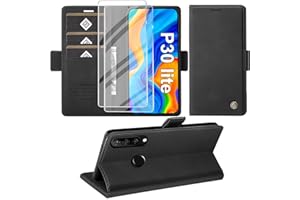 Giyer Handyhülle für Huawei P30 Lite Hülle mit Panzerglas, Schutzhülle P30 Lite Premium Leder Wallet Case Standfunktion Kartenfach Flip Cover for Huawei P30 Lite Stoßfeste Klapphülle 6,15 Zoll