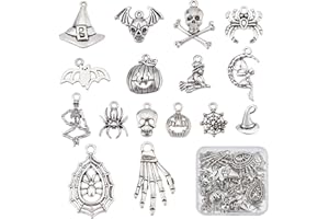 SUNNYCLUE 1 Box 64Pcs 16 Style Halloween Charms Bulk Tibetan Style Alloy Skull Charms Spider for Jewelry Making Spider Web Skeleton Flying Wizard Witch Bat Jack-O'-Lantern Earring DIY Supplies