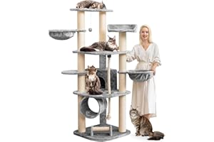 HAPPYPET Großer Kratzbaum Stabil 'Parker' 171 cm - 11 cm Stämme, Haus & Spieltunnel, Große Liegemulden, Kratzrolle, Kletterbaum XXL Katzenbaum für Katzen, Grau