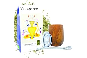 Veegreen Yerba Maté Bio Kit avec Calebasse | Tasse Isotherme + Bombilla + Couvercle + 100g de Maté Bio | Gourde Idéale pour Boire Le Maté Chaud | Double paroi en Acier Inoxydable (Bois)