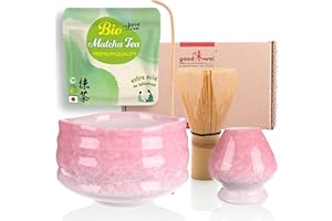 Goodwei BIO Matcha aus Japan im Matcha-Set komplett mit hochwertiger Matcha Schale aus Keramik, Matcha Besen und Besenhalter | Geschenkset für Teezeremonie (Sakura)