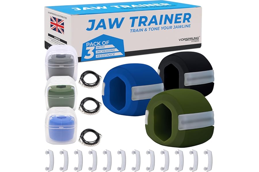 VORSPRUNG®Jaw Exerciser, Trainer to Achieve a Sharper Jawline with Three Levels of Resistance - Jaw Trainer for an Enhanced Facial Definition - Pack of 3 with FREE Biting Strips & 3 Necklaces