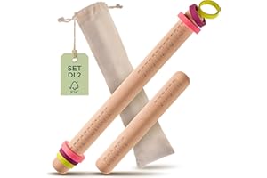 Praknu Mattarello con Anelli Regolabili per lo Spessore dell'Impasto - Set da 2 in Legno Certificato FSC® - Per una Distribuzione Uniforme