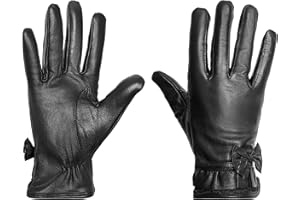 WOODLAND LEATHERS Elegant Women's Leather Gloves With Bow And Flounce Decoration, Ladies Winter Warm Black Glove, 100% Soft Sheepskin Leather