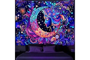 Simpkeely Blacklight Moon and Star Tapestry, Elegant Goddess UV Reactive Sun Mandala Wall Hanging Tapestries, Colorful Boho Aesthetic Tapestry for Bedroom, Living Room - 180 x 230 cm