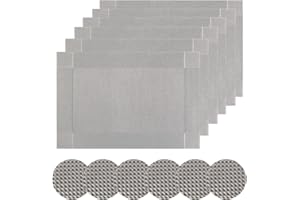 Famibay Grey Washable Placemats and Coasters Set of 6 Woven Vinyl Table Mats Sets
