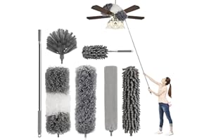 WOOBROO 7 Pièces Plumeau Telescopique,Tete de Loup Longueur Maximale 256cm, Lavable Microfibre,Plumeau Poussiere Telescopique pour Plafonds, Convient pour Les plafonds, Gris
