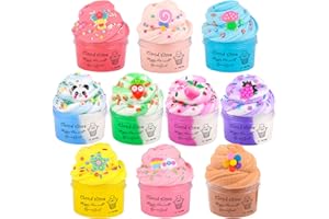 KAOERDCE 10 Pack Fluffy Cloud Slime Kit with Blue Cake Fruits Animals, and Pink Games Charms, Scented DIY Butter Slime Supplies for Girls and Boys, Stress Relief Toy for Kids, Education Birthday Party Favor