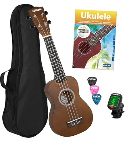 Cascha Premium mahonie sopraan ukelele, kleine Hawaii gitaar, ukelele voor beginners, met acquilasnaren en 3 plectra Ukelele-set Engels 21 inch Sopran bruin