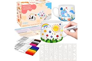 Zingbee Keramik Bemalen Set Tassen Bemalen Set Enthält Tassen, Marker, Malen Schablonen und Anleitung zum Malen Tassen zum Bemalen Personalisiertes Geschenk DIY Basteln für Kinder und Erwachsene
