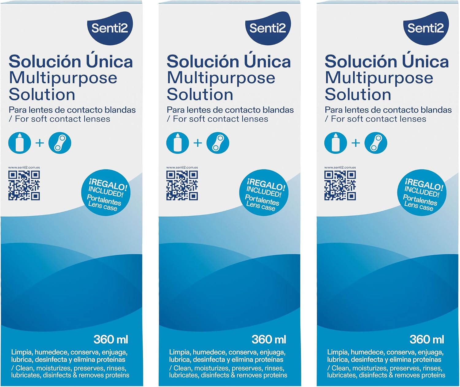 Senti2 Solución Única Multipropósito para Lentes de Contacto Blandas, 360 ml, con Portalentes de Regalo (Paquete de 3)