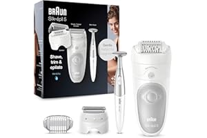 Braun Silk-épil 5 Epilierer Damen für Haarentfernung / Haarentferner, inkl. Bikinitrimmer (Haartrimmer Intimbereich), schwenkbarer Kopf, 5-805, weiß/grau
