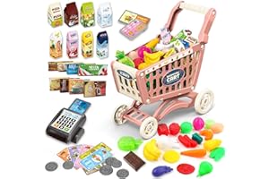 deAO Niños Carro de La Compra para Comestibles Niños 65 Alimentos Frutas Verduras Pretende Juego de rol de Alimentos Juguete Educativo Juguete de Cocina Tienda Playset (Rojo)
