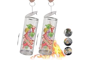 Tofern Rolling kosz do grillowania z widelcem i hakiem, 2 sztuki, stal nierdzewna, cylindryczny kosz do grillowania, okrągły kosz do grillowania, 30 cm, do warzyw i mięsa, akcesoria do grilla