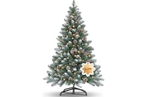 Ferzone 120cm Sapin de Noel Artificiel Vert avec Neige Blanche et 100 Lampes LED, Arbre de Noel avec 200 Pointes de Sapin en PVC & 15 Cones de Pin, Pied en Métal, Montage Facile&Design Pliant