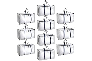 HealSmart 10 Pack Large Moving Bags with Zippers and Handles, Moving Supplies with Lids, Heavy Duty Space Saving Totes, Folds Flat,Moving and Storing, Clear