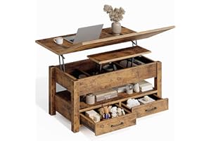 Rolanstar Höhenverstellbarer Couchtisch mit 2 Schubladen, 100 x 50 cm Wohnzimmertisch aus Holz,Platzsparend & Einfach Montiert für Schlafzimmer, rustikales Braun